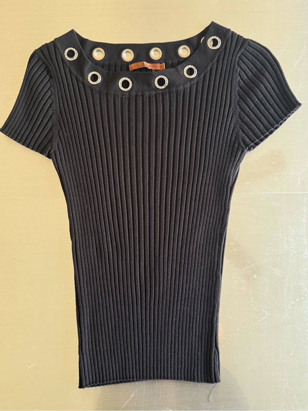 Bellini Black Ribbed Short-Sleeve Top with Gold Grommets